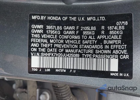 2018 Honda Civic Lx from USA, damaged, VIN SHHFK7H20JU425089